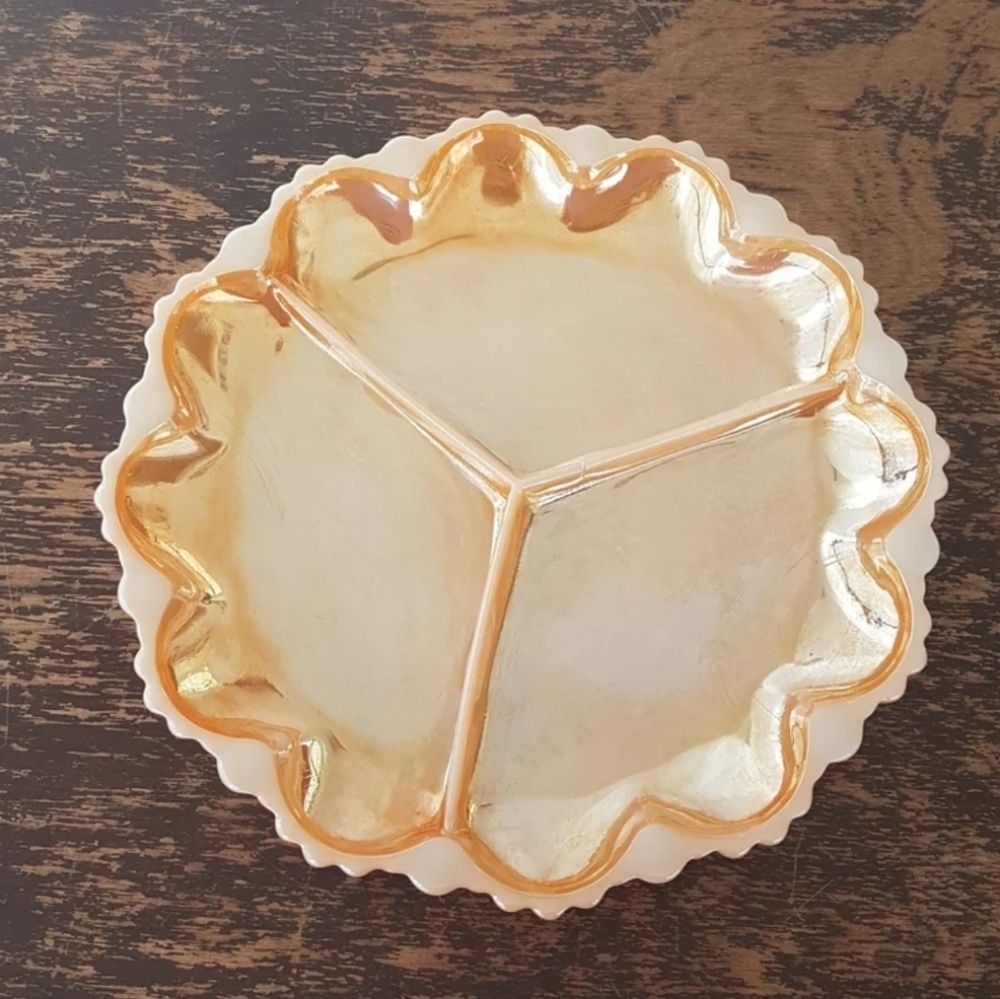 Fire King PEACH LUSTER Divided Serving Plate, Mid Century Glass Relish Dish